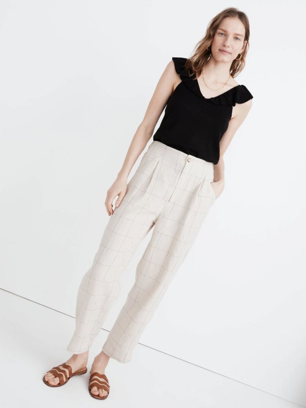 Madewell Linen Pleated Taper Wide-Leg Pants in Windowpane